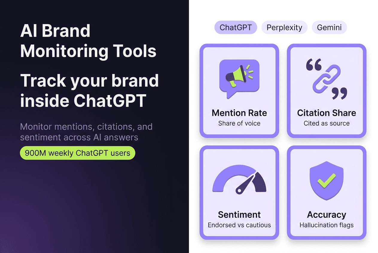 An AI brand monitoring dashboard tracking a brand's mentions, citation share, and sentiment across ChatGPT, Perplexity, and Gemini answer surfaces