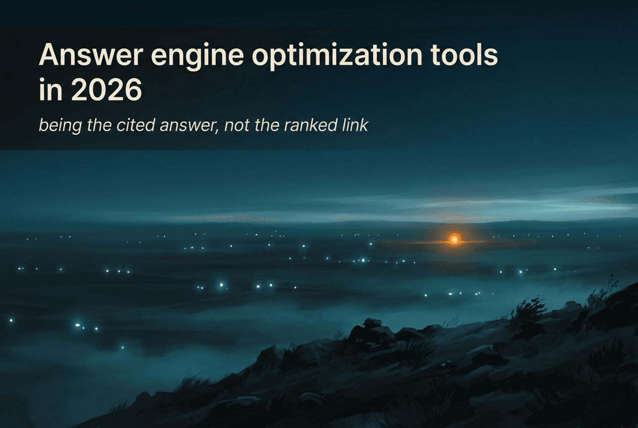 An answer engine optimization dashboard contrasting traditional SEO ranking with AEO citation tracking — answer-readiness scores, schema coverage, and share-of-voice across AI answer surfaces