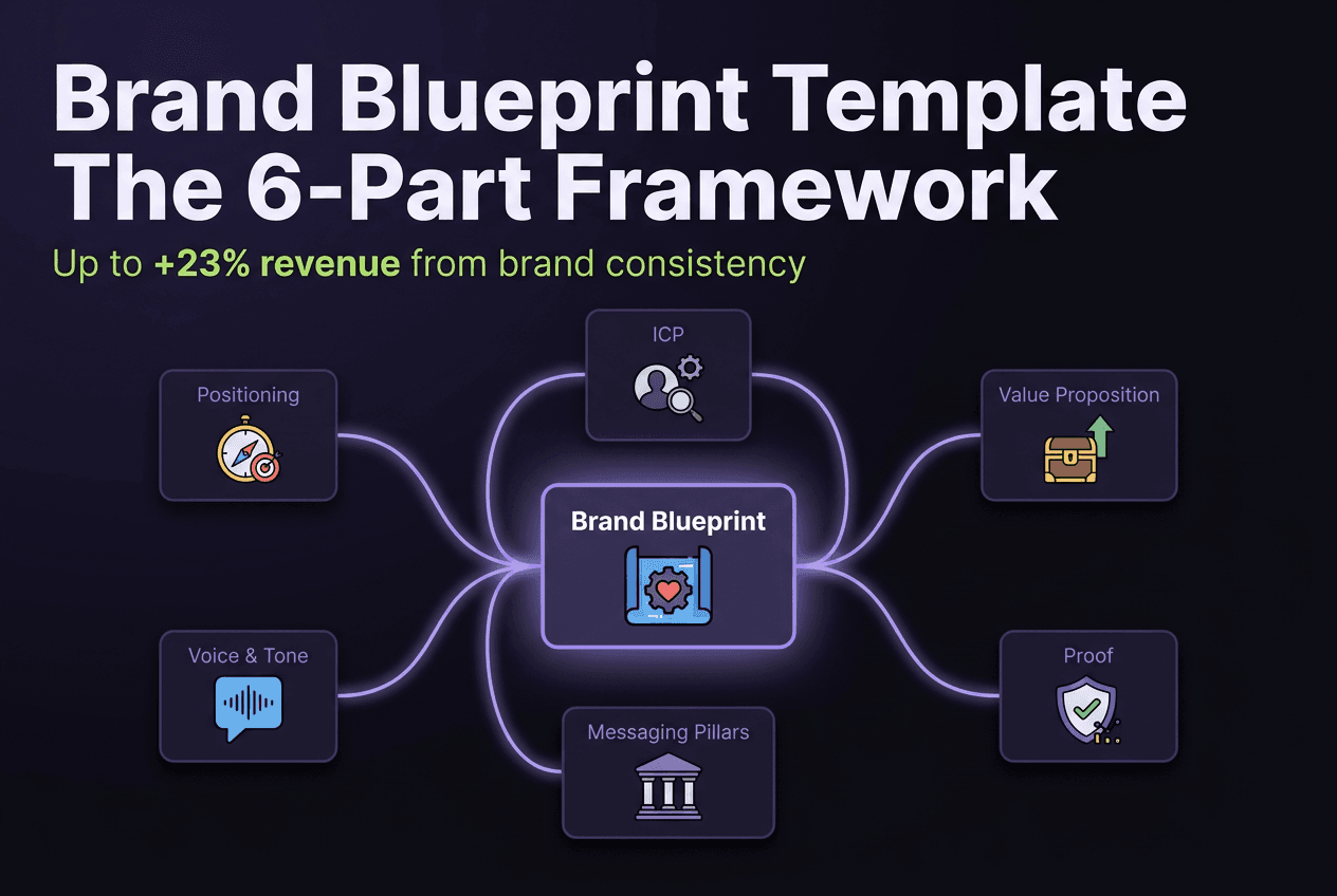 A brand blueprint template laid out as six labeled sections — positioning, ICP, value proposition, voice, messaging pillars, and proof