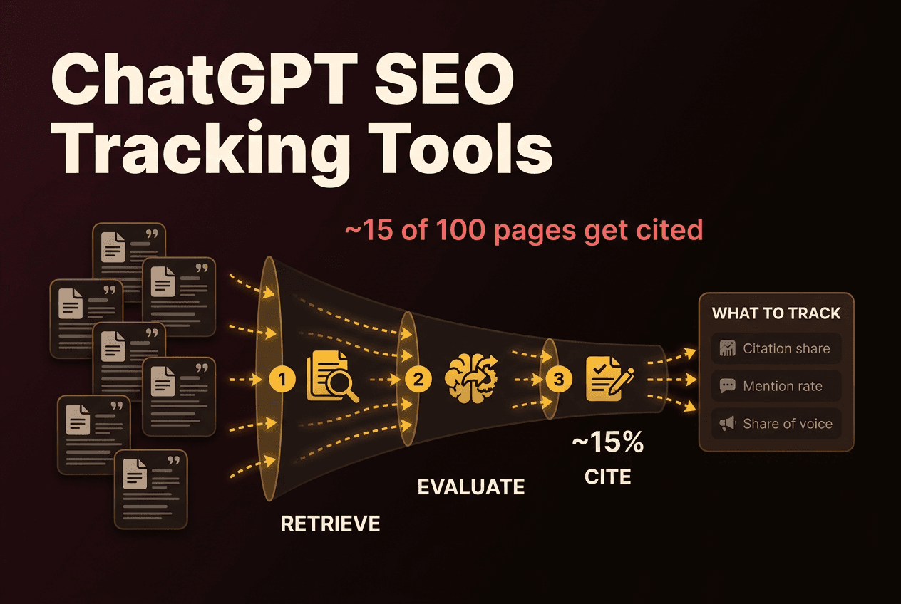 A ChatGPT SEO tracking dashboard showing a citation funnel — pages retrieved narrowing to the few cited — alongside mention rate and share-of-voice across ChatGPT answer surfaces
