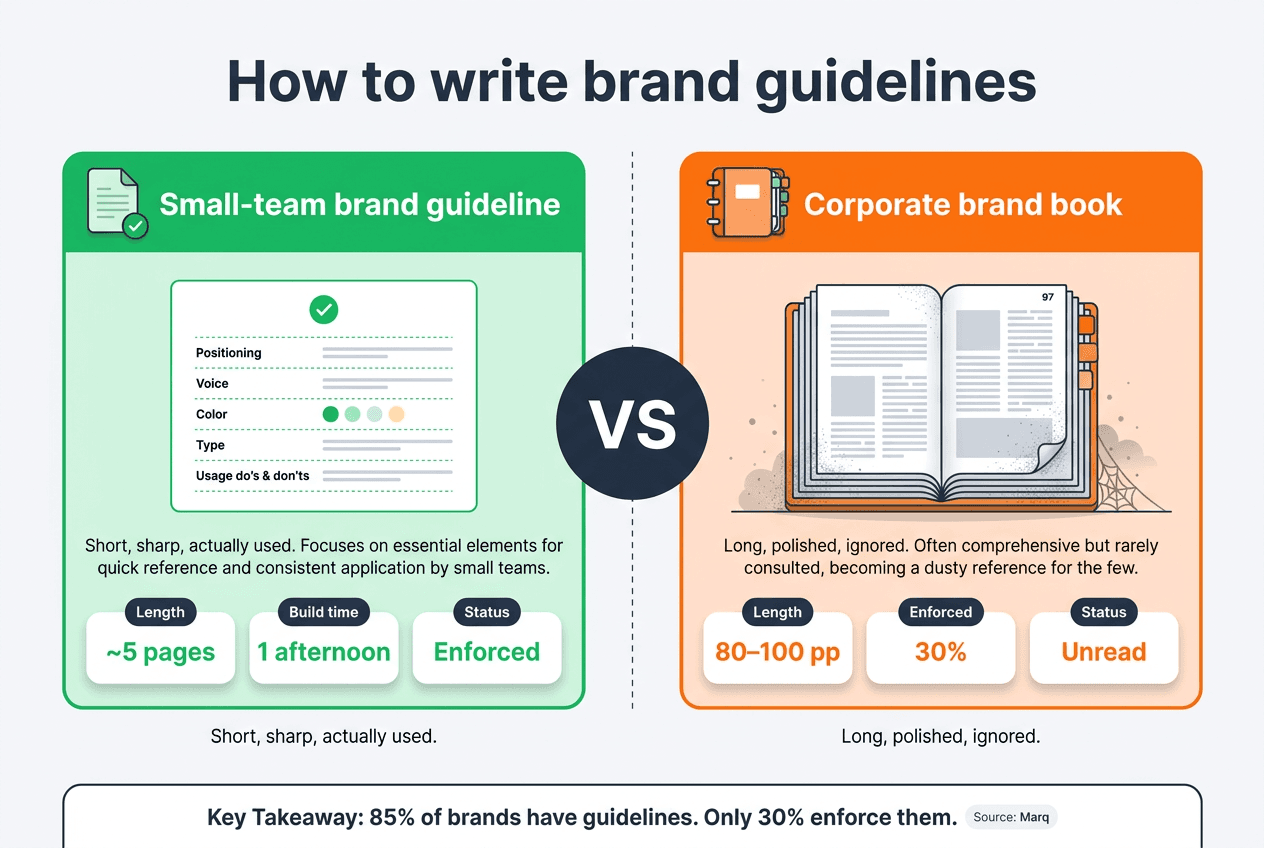 A small marketing team's brand guidelines laid out as a single page — positioning, voice, color, and usage rules — instead of a 90-page corporate brand book
