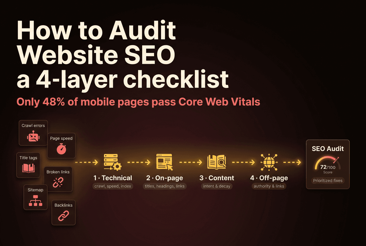 An editorial four-layer SEO audit diagram — technical, on-page, content, and authority — stacked over a deep-space dark background with indigo accents