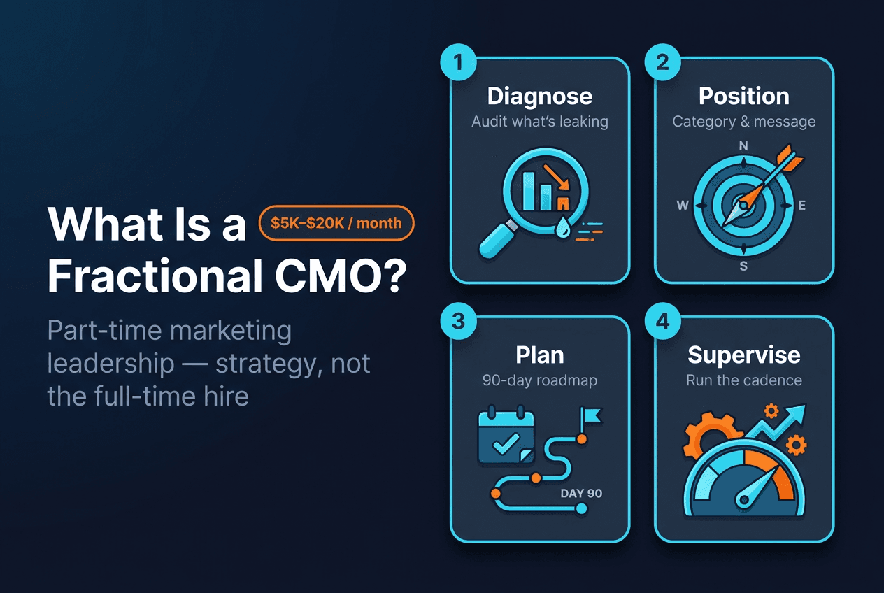 A calm editorial desk scene — a marketing strategy brief, a quarterly plan, and an analytics dashboard — representing part-time executive marketing leadership for a small team