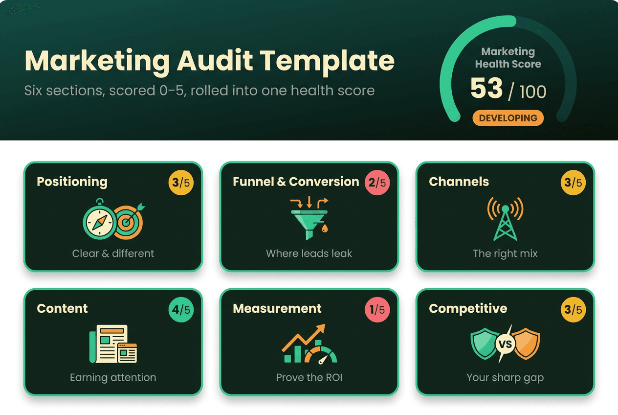 A marketing audit template laid out as six scored sections — positioning, channels, funnel, content, measurement, and competitive — each with a 0 to 5 rating