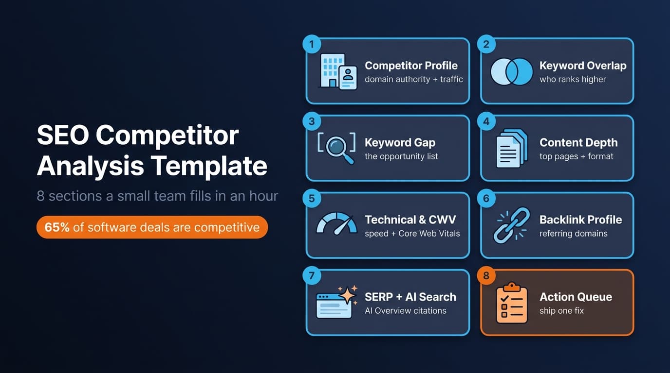 SEO competitor analysis template hero showing the 8 sections — competitor profile, keyword overlap, keyword gap, content depth, technical and Core Web Vitals, backlinks, SERP plus AI search, and the action queue